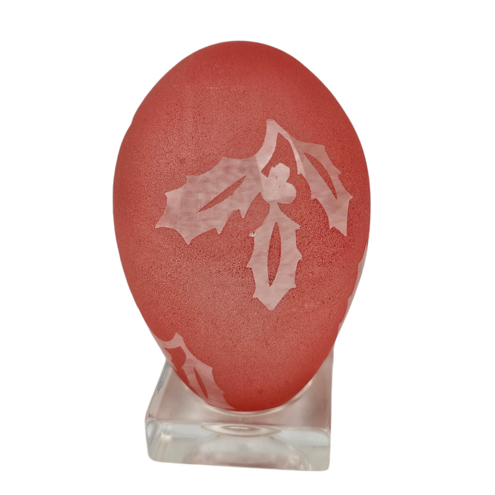 Vintage red glass frosted egg with holly motif on acrylic stand 3.5 tall